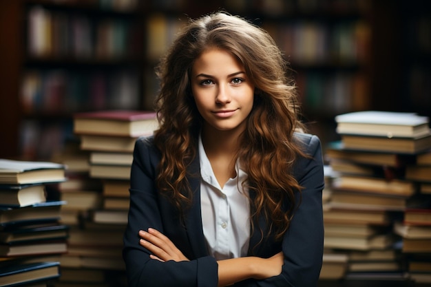 une étudiante est assise dans la salle de classe avec plusieurs livres