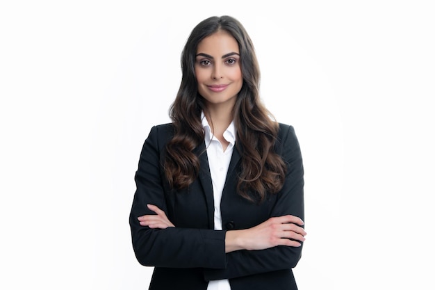 Étudiante jeune enseignant Portrait de femme d'affaires Séduisante jeune femme d'affaires assez gaie en costume isolé sur fond blanc