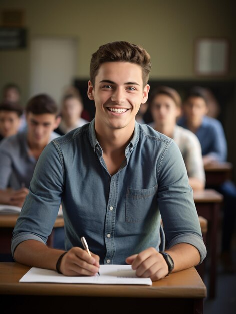 Une étudiante joyeuse souriant à la caméra pendant la classe.