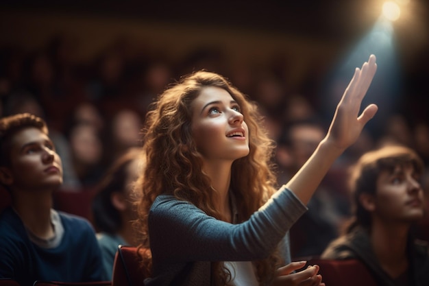 Une étudiante lève la main dans une salle de conférence avec une IA générative