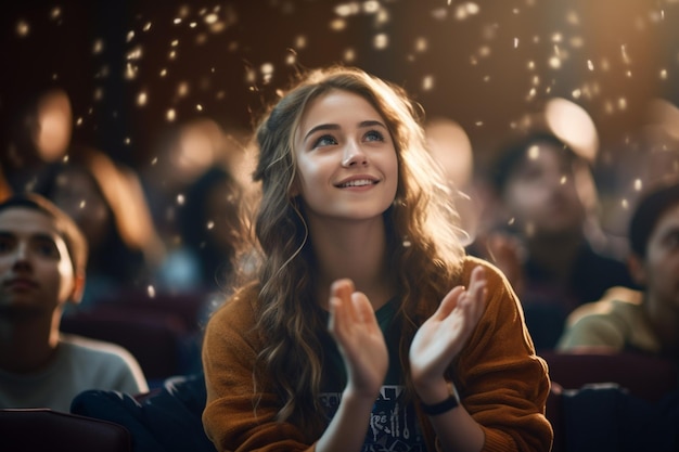 Une étudiante lève la main dans une salle de conférence avec une IA générative