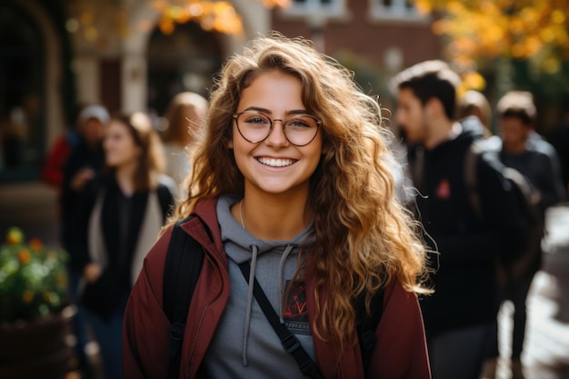 Une étudiante avec des lunettes et un sac à dos sort de l'université avec ses pairs et rit