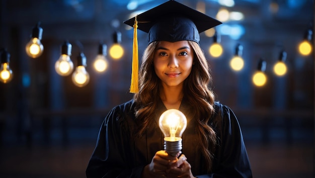 Une étudiante montrant une ampoule pour l'éducation.