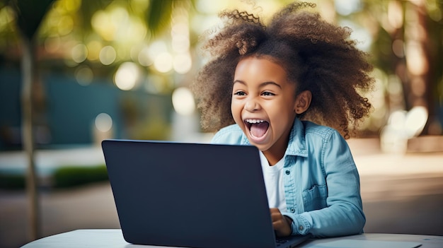 Une étudiante noire africaine heureuse et excitée fête en lisant l'email d'admission en regardant l'ordinateur portable en obtenant l'approbation de la demande de bonnes nouvelles sur les résultats des bourses ou des examens.