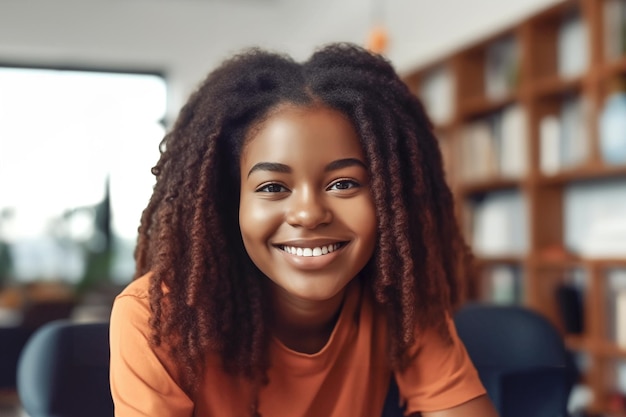 une étudiante noire assise dans une bibliothèque scolaire avec des étagères à l'arrière-plan