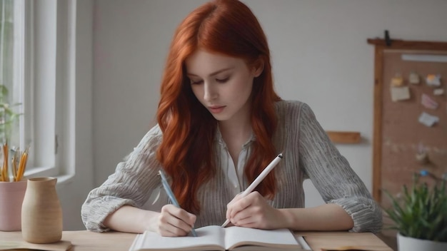 Une étudiante rousse mignonne et inspirante écrivant des tâches quotidiennes en rouge.