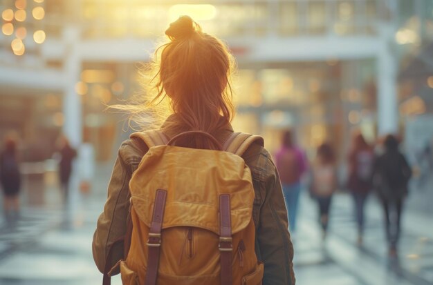 Une étudiante avec un sac à dos.