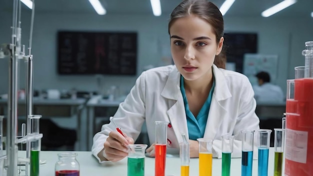 Une étudiante en sciences regarde un tube d'essai.