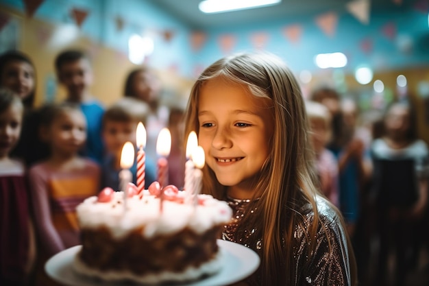 Une étudiante souffle une bougie lors de sa fête d'anniversaire à l'école primaire