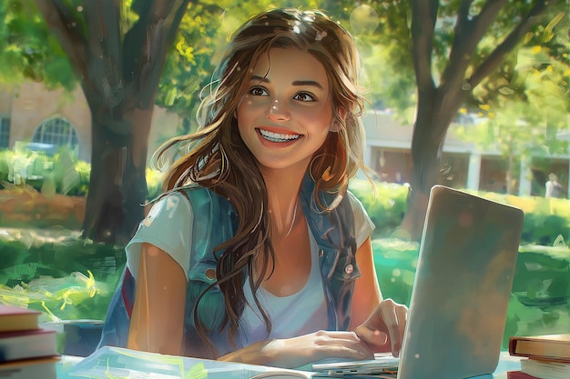 Une étudiante souriante qui étudie à l'extérieur sur le campus