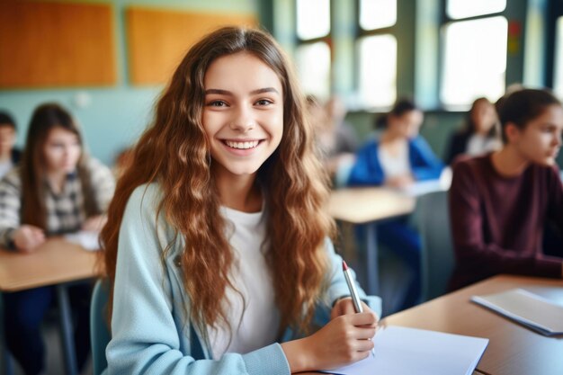 Une étudiante souriante.