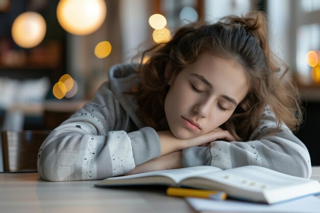 Une étudiante universitaire fatiguée se prépare à un test ou à un examen. Une jeune fille s'est endormie en lisant un livre à table.