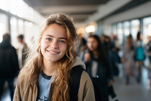 Photo une étudiante vêtue d'un sweatshirt portant un sac à dos dans le couloir du lycée