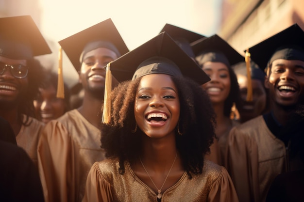 Des étudiants afro-américains qui obtiennent leur diplôme sourient pour la photo.