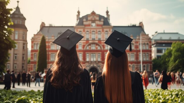 étudiants en chapeaux de remise des diplômes contre le fond de l'université à l'arrière