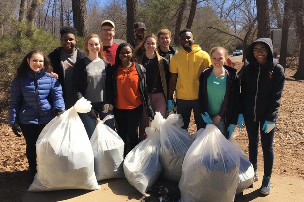 Des étudiants de la communauté se rassemblent pour une photo avec un sac en plastique sur lequel est écrit " le mot ".