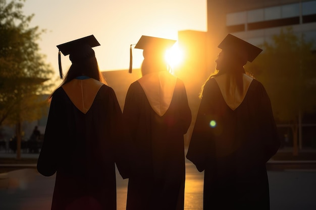 Étudiants diplômés au coucher du soleil derrière l'IA générative