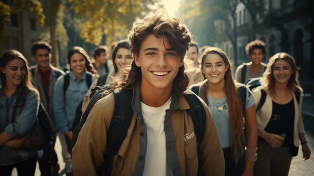 Photo des étudiants enjoués sortent du campus ensemble à l'extérieur en pause en classe.