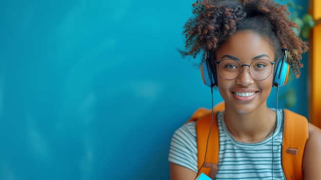 Des étudiants étudiant en ligne tout en tenant des cahiers et des tablettes numériques sur un fond bleu de studio Conception d'apprentissage à distance avec une étudiante noire