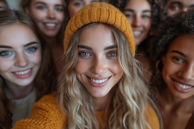 Photo des étudiants et étudiantes multiethniques s'amusent ensemble en prenant un selfie à l'extérieur.