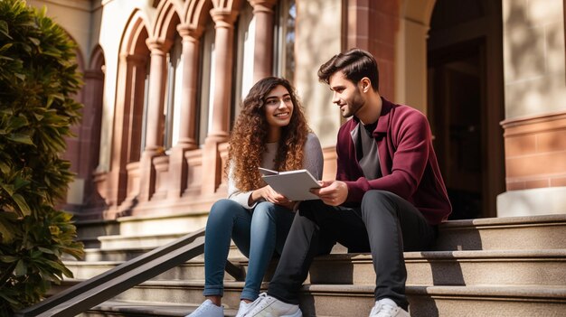 Des étudiants, un garçon et une fille, sont assis sur les marches de l'université et se préparent aux examens.