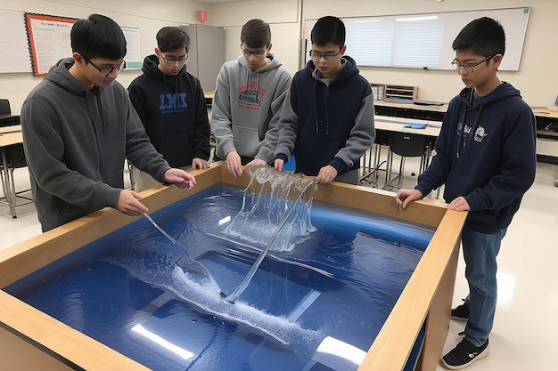 Photo des étudiants de laboratoire de physique explorant la dynamique des fluides et les principes hydrauliques