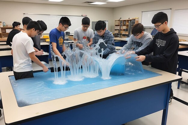 Photo des étudiants de laboratoire de physique explorant la dynamique des fluides et les principes hydrauliques