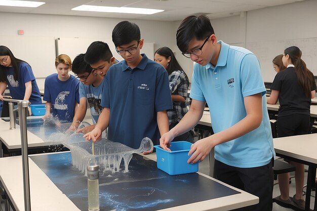 Photo des étudiants de laboratoire de physique explorant la dynamique des fluides et les principes hydrauliques