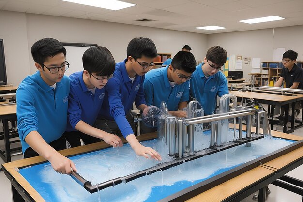 Photo des étudiants de laboratoire de physique explorant la dynamique des fluides et les principes hydrauliques