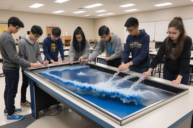 Photo des étudiants de laboratoire de physique explorant la dynamique des fluides et les principes hydrauliques