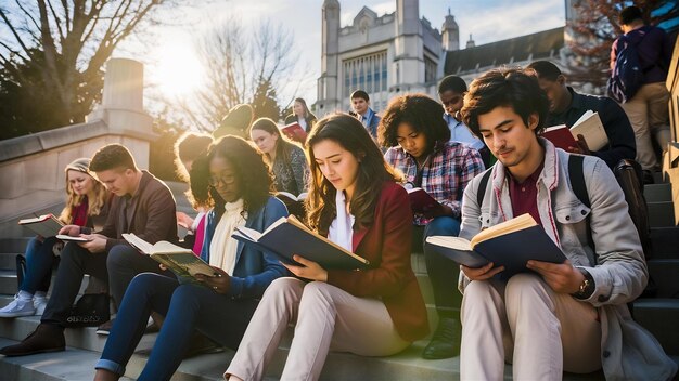 Des étudiants lisant des manuels sur les marches près de l'université