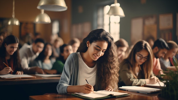 Des étudiants multiethniques en classe écoutent un conférencier et écrivent dans des cahiers de notes Des jeunes intelligents étudient à l'université