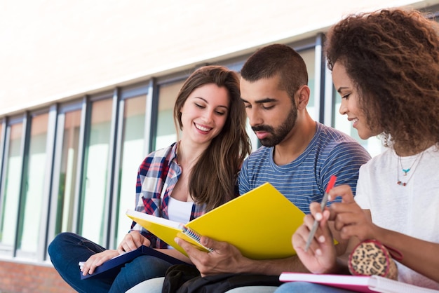 Étudiants partageant des notes sur le campus universitaire