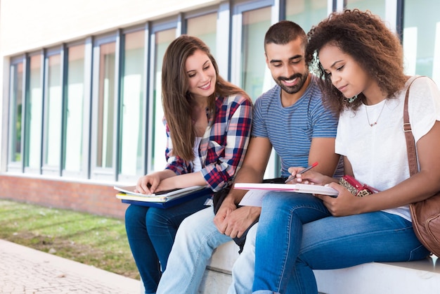 Photo Étudiants partageant des notes sur le campus universitaire