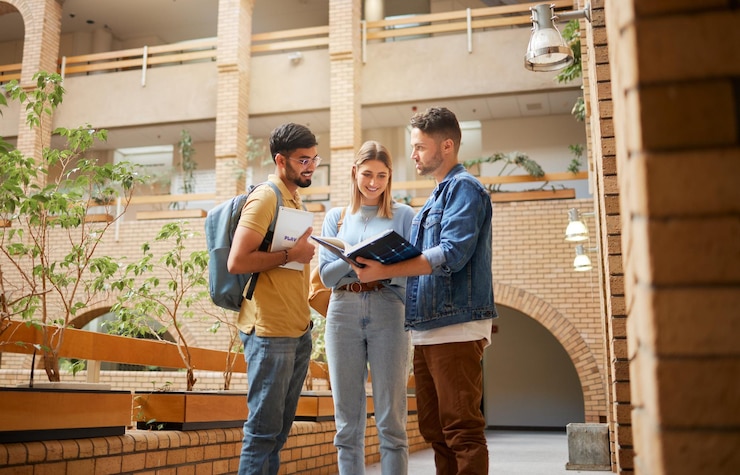 Photo étudiants universitaires et amis avec un livre d'étude pour l'éducation du projet ou le partage d'informations ensemble sur le campus groupe d'étudiants lisant un manuel avec le sourire pour apprendre ou étudier