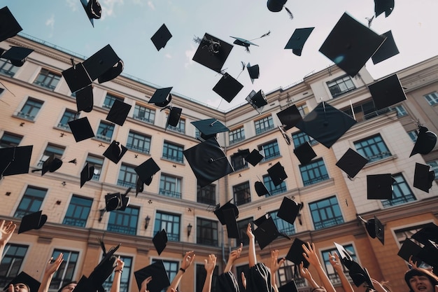 Photo des étudiants universitaires heureux, des diplômés, des bachelors, des maîtres, des doctorats, des étudiants sur le campus, de l'éducation.