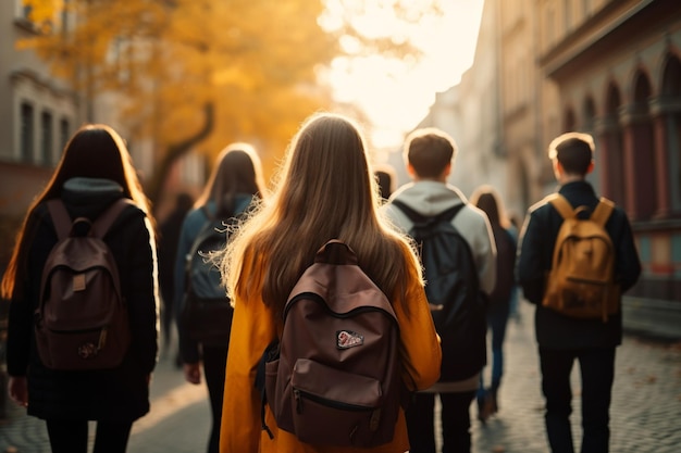 Des étudiants vêtus de sac à dos marchant à l'arrière vue complète scène scolaire dynamique