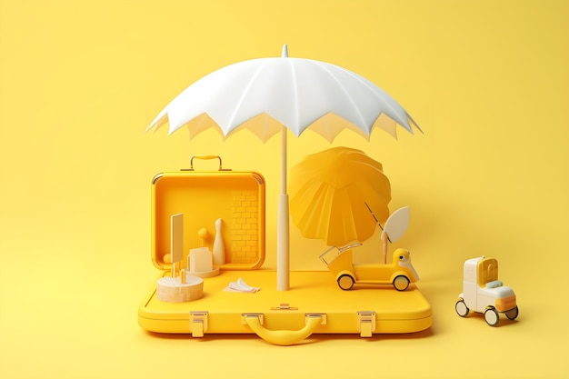 Un étui jaune avec un parapluie et un parapluie blanc.