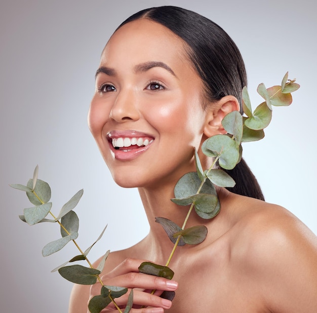 L'eucalyptus est un ingrédient nettoyant, purifiant et revitalisant Prise de vue en studio d'une belle jeune femme posant avec de l'eucalyptus sur un fond gris