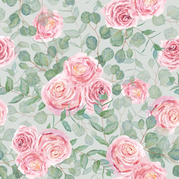 Eucalyptus et roses roses branche aquarelle dessinée à la main motif floral sans couture peinture botanique de