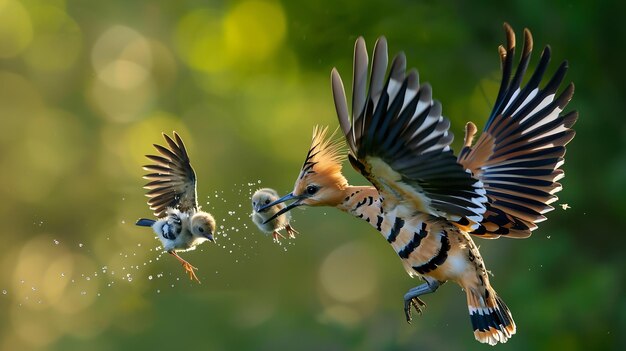 Photo eurasian hoopoe upupa epops nourrissant ses poussins capturés en vol ai générative