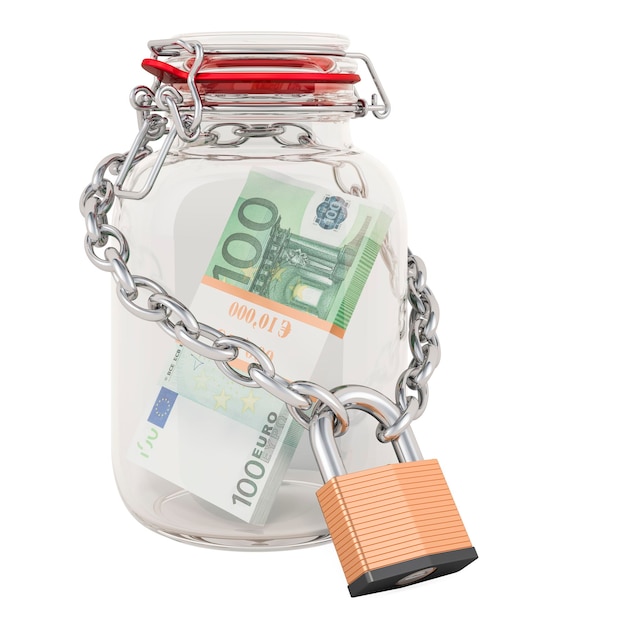Euro pack à l'intérieur d'un bocal en verre avec chaîne et cadenas Concept d'assurance financière rendu 3D