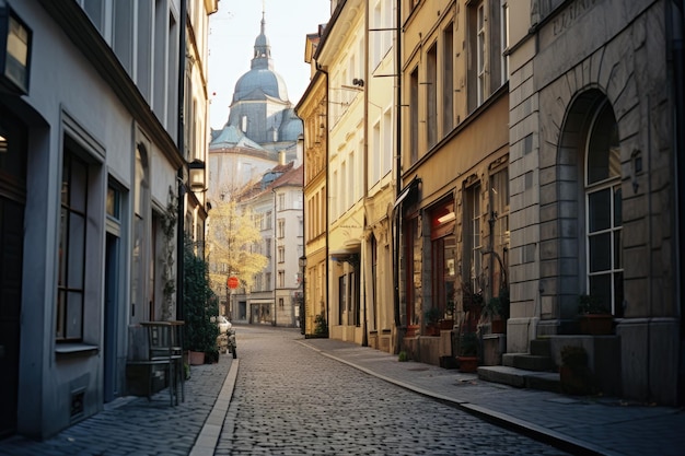 Photo european street serenity un voyage à la lumière du jour à travers des routes pavées historiques