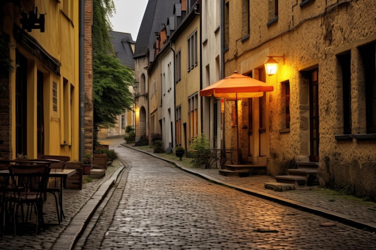 Photo european street serenity un voyage à la lumière du jour à travers des routes pavées historiques