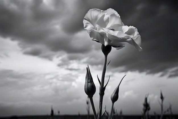 Eustoma blossom contre ciel nuageux en image bw