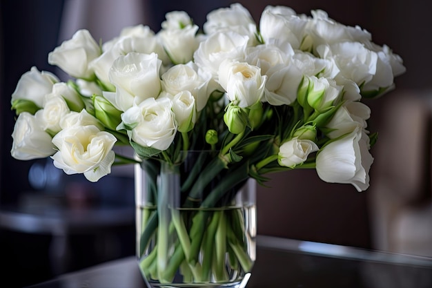 Eustoma dans un vase prêt pour un mariage romantique et élégant