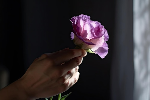 Eustoma fleurit dans la main avec la lumière du soleil et les ombres