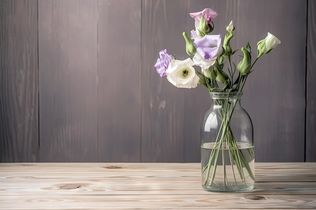 Eustoma fleurit dans un vase en verre sur une table en bois