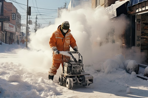 Photo Évacuation de la neige par un travailleur des services municipaux avec un souffle-neige ia générative