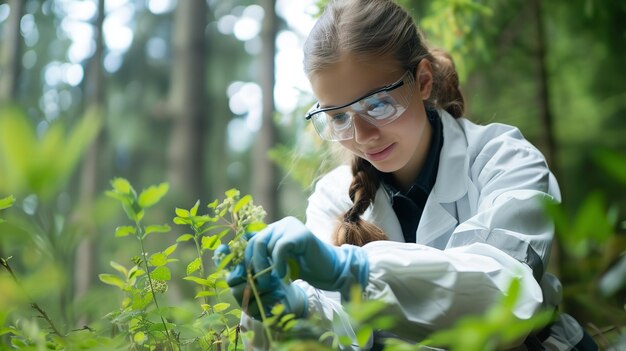 Photo Évaluer la vie des plantes forestières avec une jeune femme scientifique de l'environnement et de l'espace ia générative